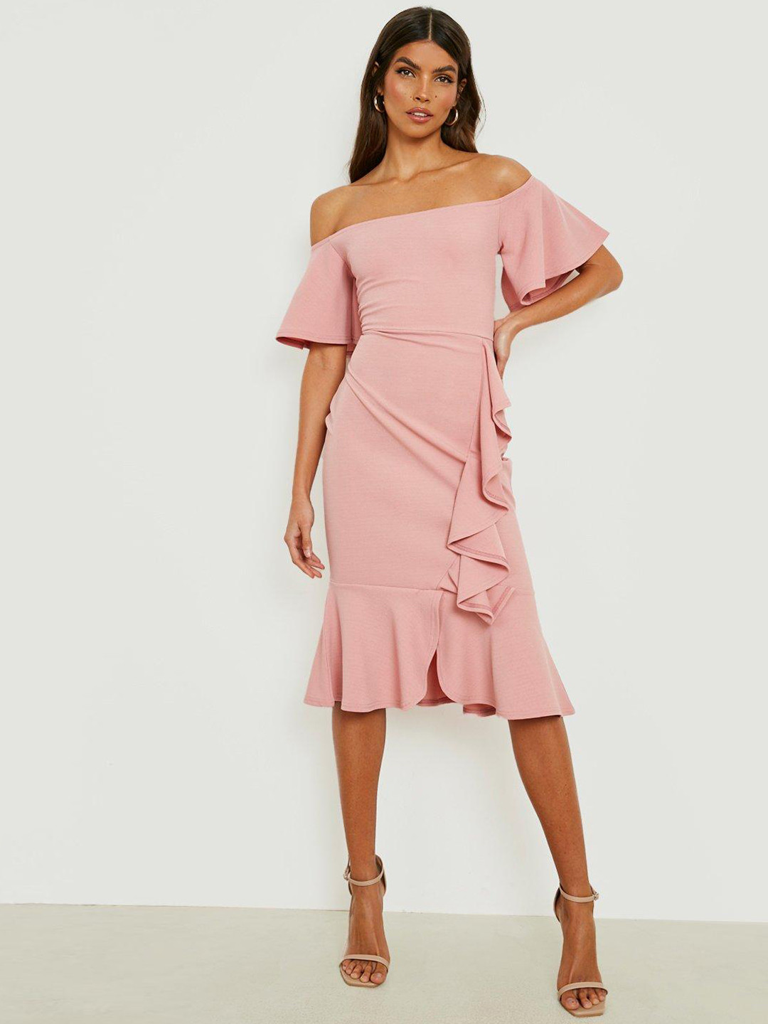 Boohoo Off-Shoulder Ruffled Sheath Midi Dress