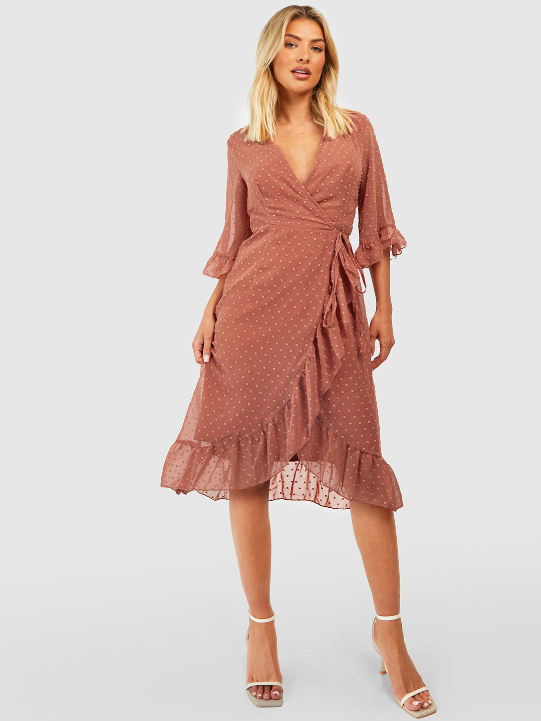 Boohoo Dobby Woven Chiffon Bell Sleeve Ruffled Midi Wrap Dress