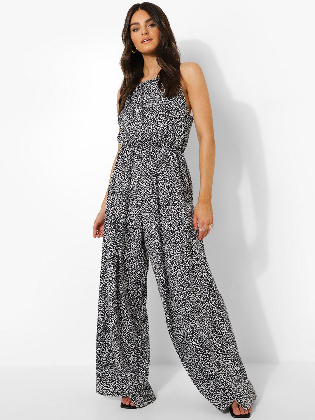 Boohoo Shoulder Straps Wide Leg Printed Basic Jumpsuit