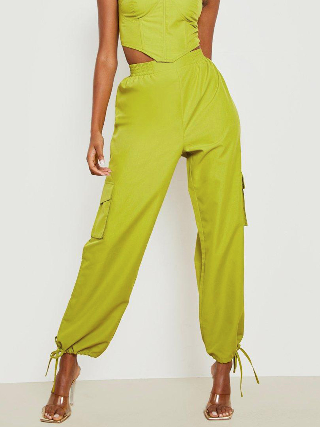 Boohoo Women Solid High-Rise Cargos with Tie-Up Hems