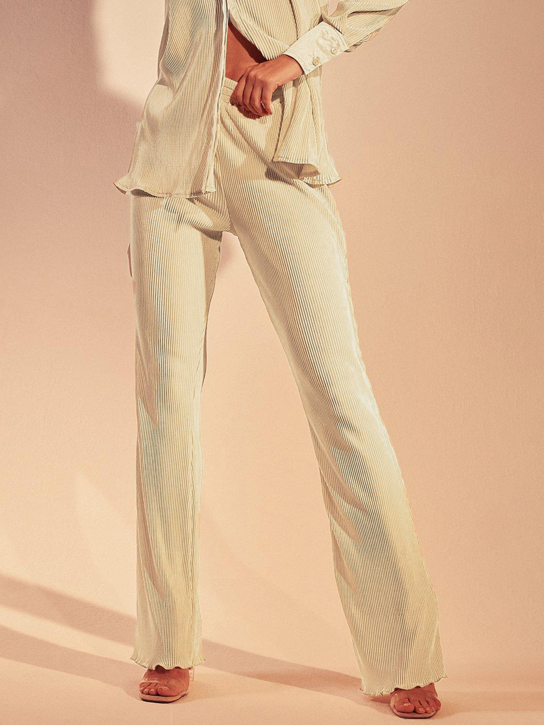 Boohoo Women Plisse Satin Finish High-Rise Parallel Trousers