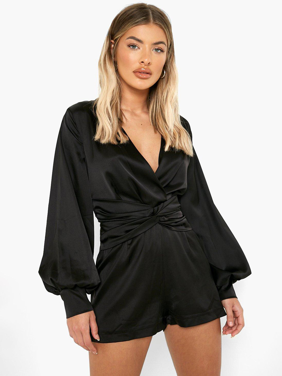 Boohoo Front Twist Blouson Sleeve Playsuit