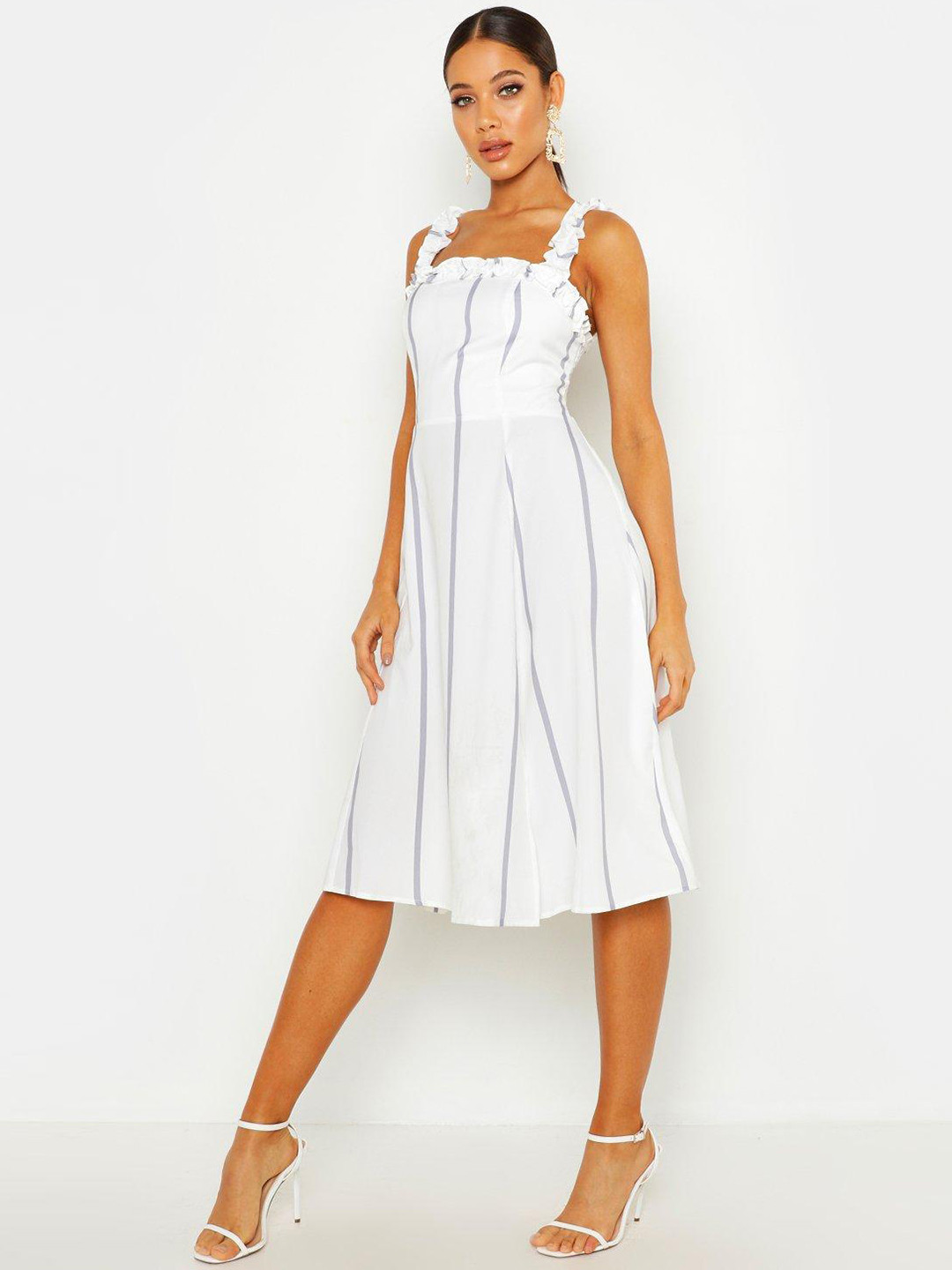 Boohoo Striped Ruffles Detail Shoulder Straps A-Line Dress