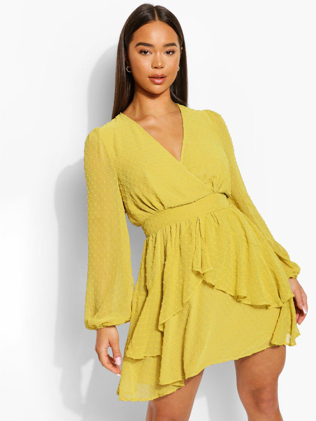 Boohoo Dobby Woven Chiffon Puff Sleeve Ruffled Wrap Mini Dress