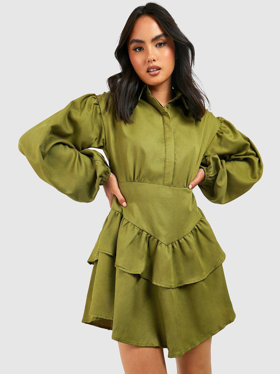 Boohoo Flounced Hem Puff Sleeves A-Line Mini Dress