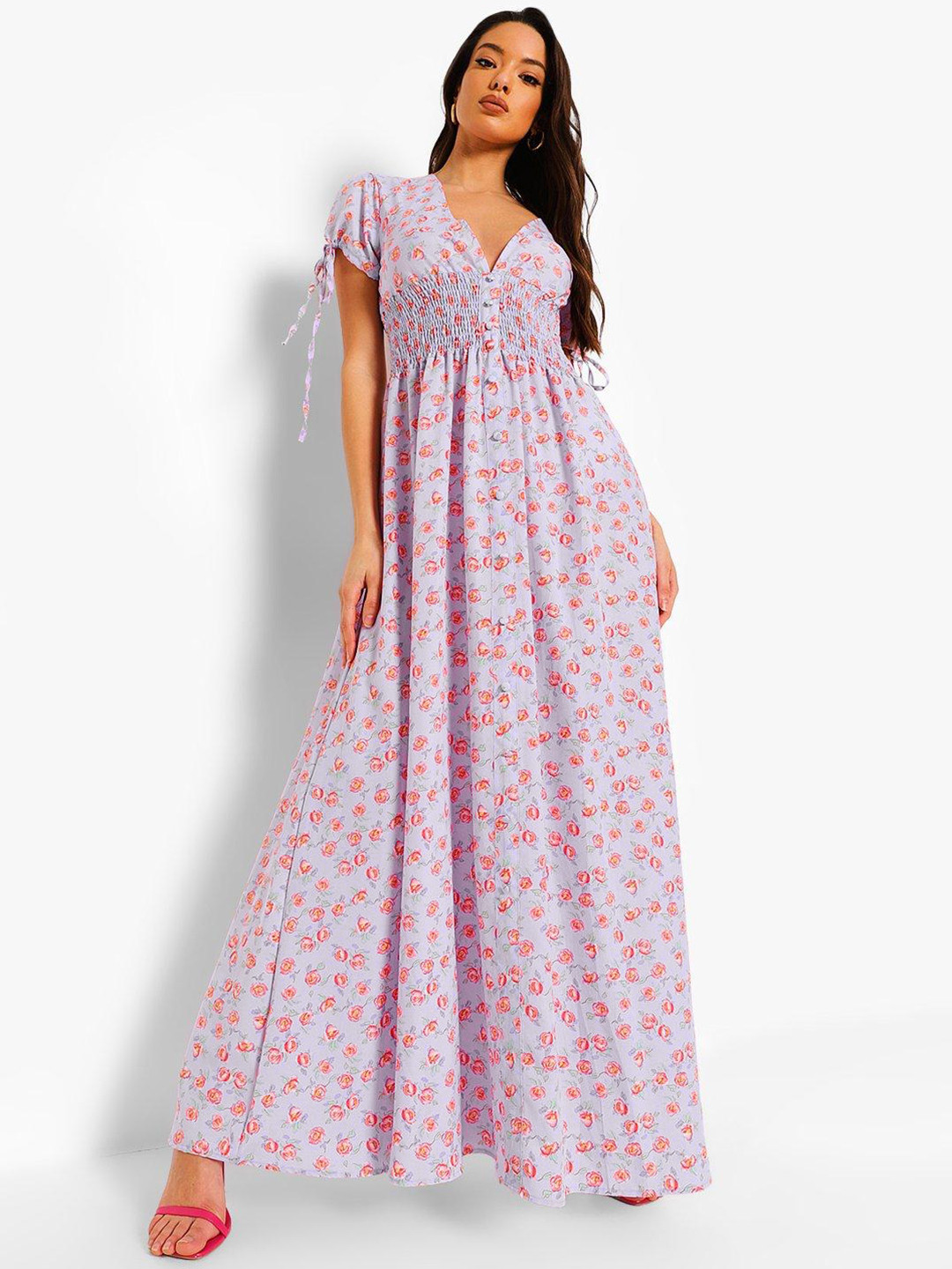 Boohoo Ditsy Floral Print Shirred Puff Sleeve Maxi Dress