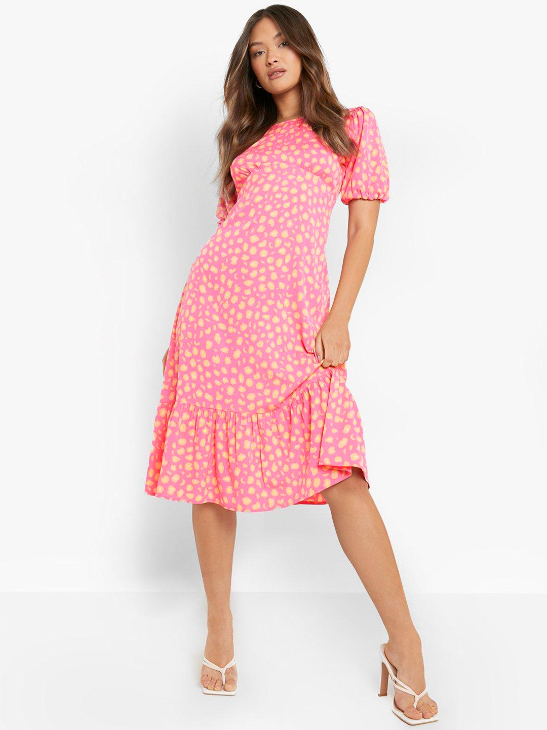 Boohoo Leopard Print Puff Sleeve A-Line Midi Dress