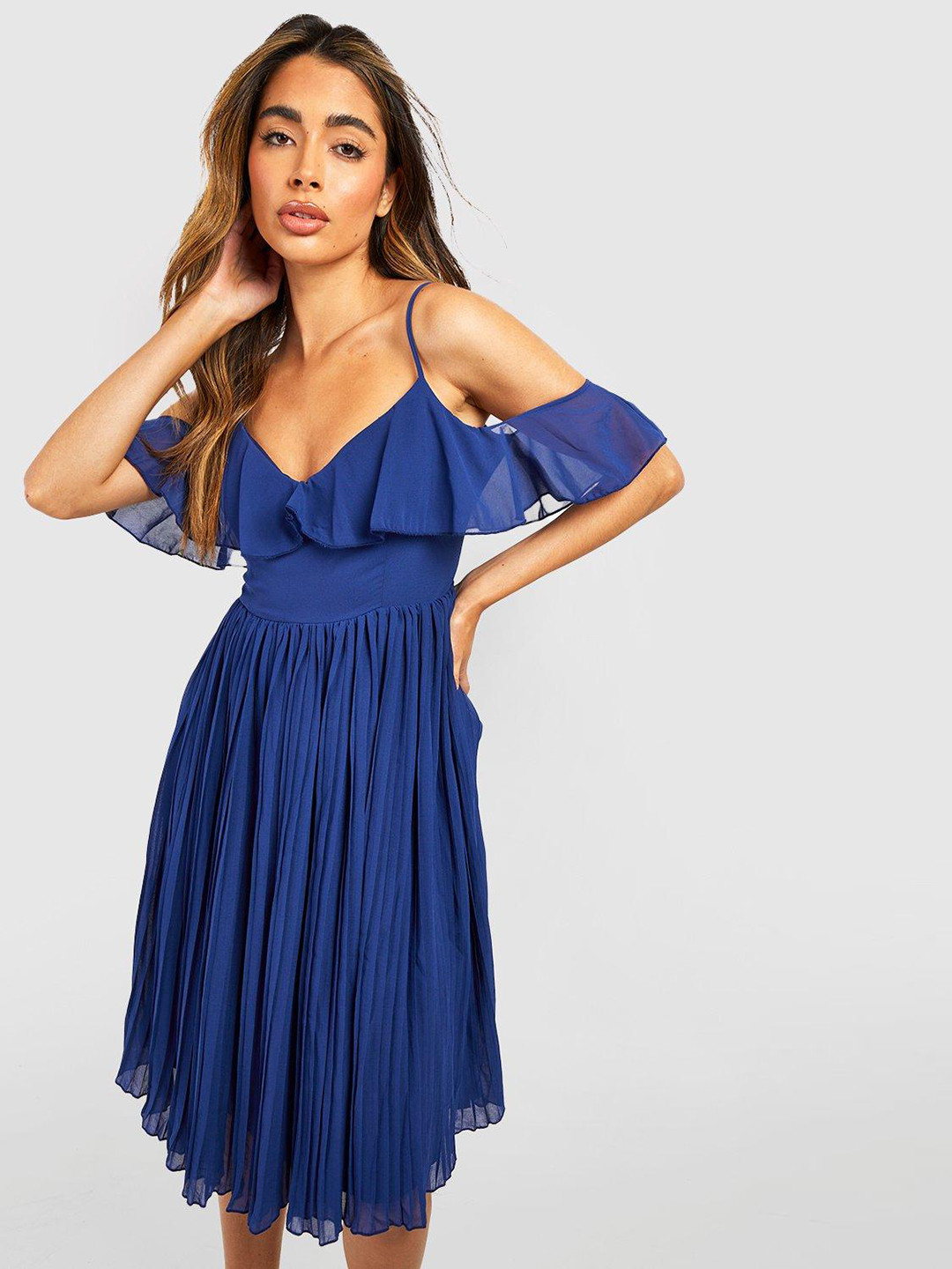 Boohoo Cold-Shoulder Ruffled A-Line Dress
