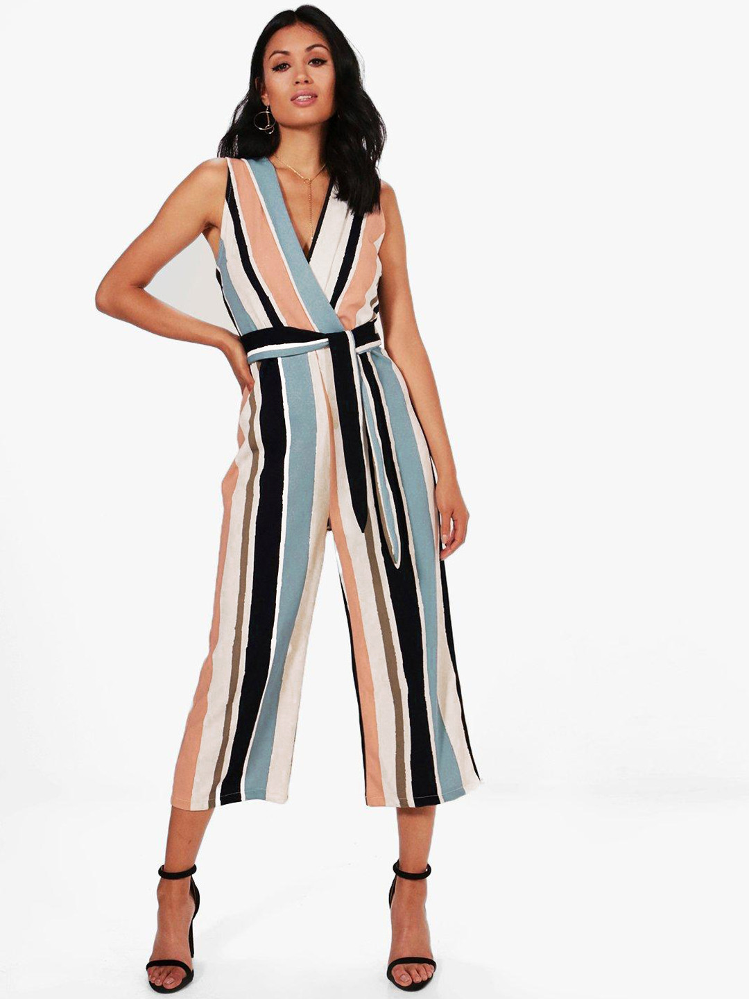 Boohoo Striped Tie-Up Detail Culotte Jumpsuit