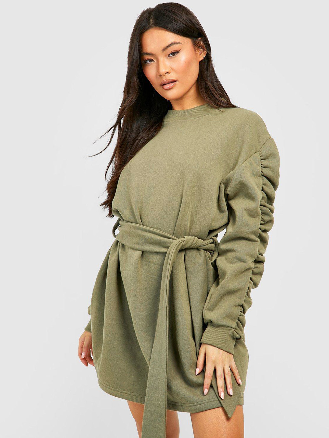 Boohoo Ruched Drop Shoulder Sleeves Jumper Dress with Belt