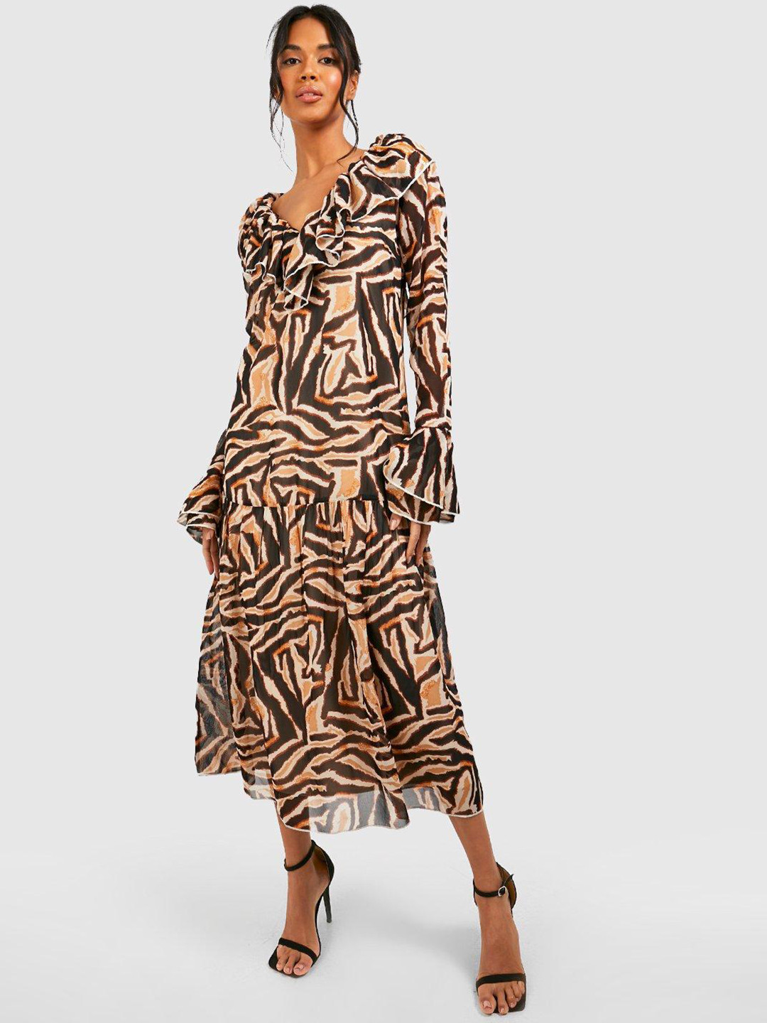 Boohoo Animal Print Ruffled Chiffon A-Line Midi Dress
