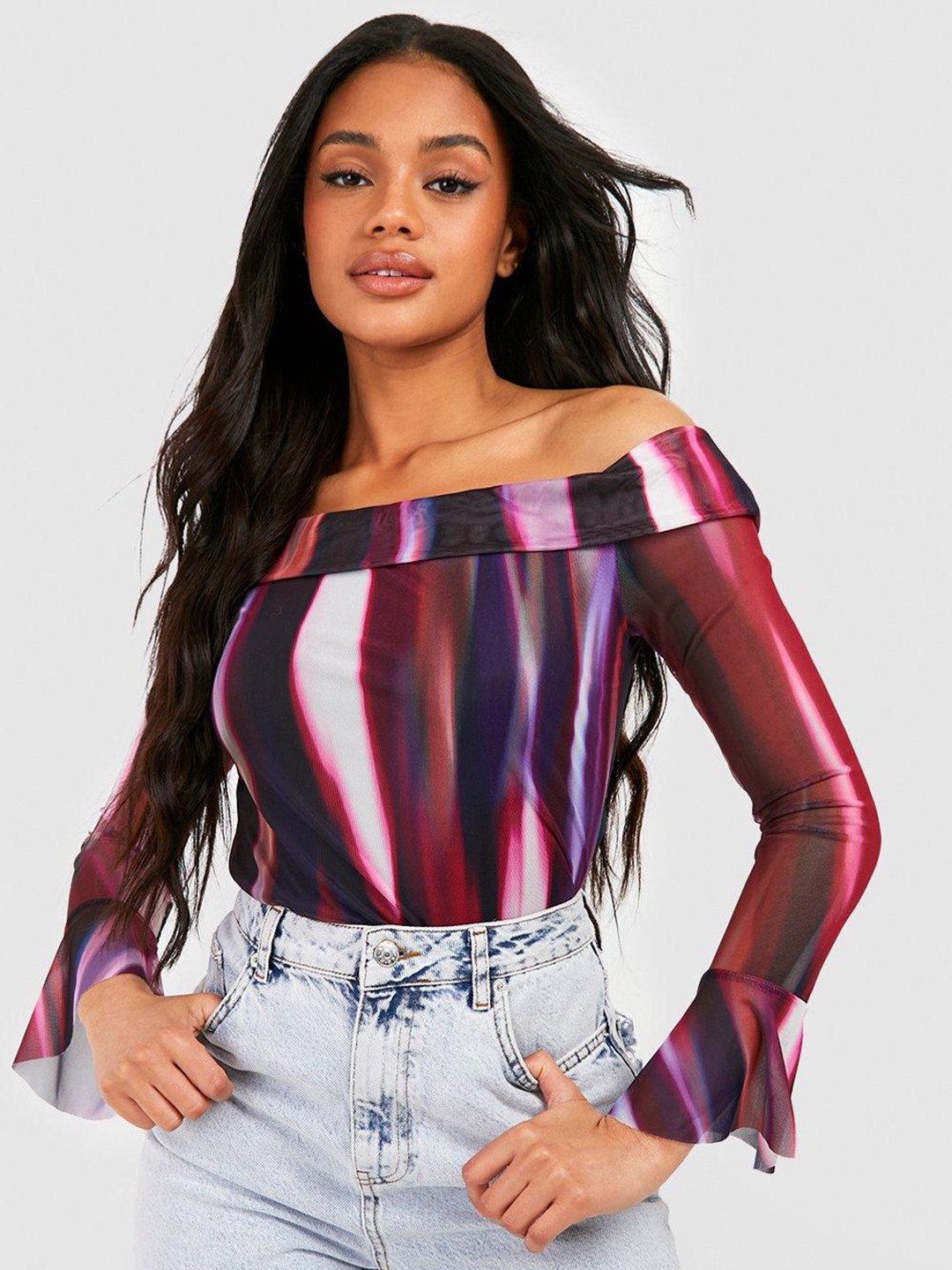 Boohoo Ombre Off-Shoulder Net Bardot Top
