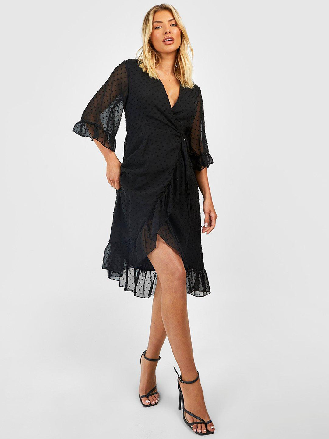 Boohoo Dobby Detail Flared Sleeves Wrap Dress