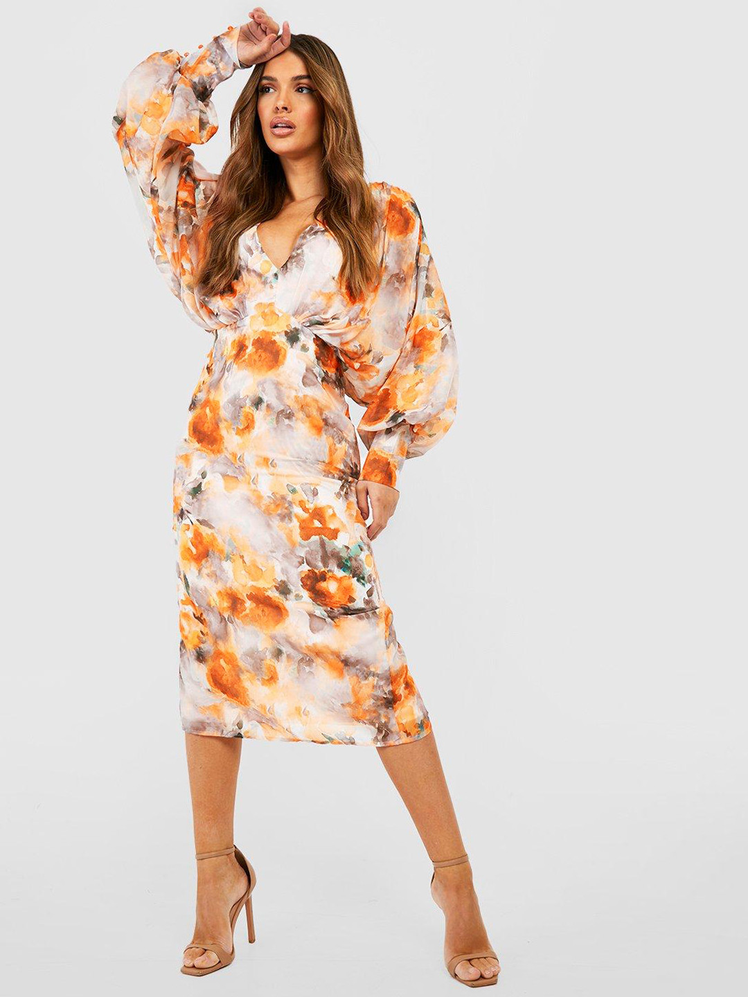 Boohoo Abstract Print Back Slit Batwing Sleeves Sheath Midi Dress