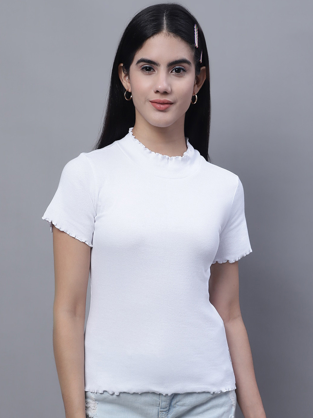 FBAR High Neck Lettuce Trim Cotton Fitted Top