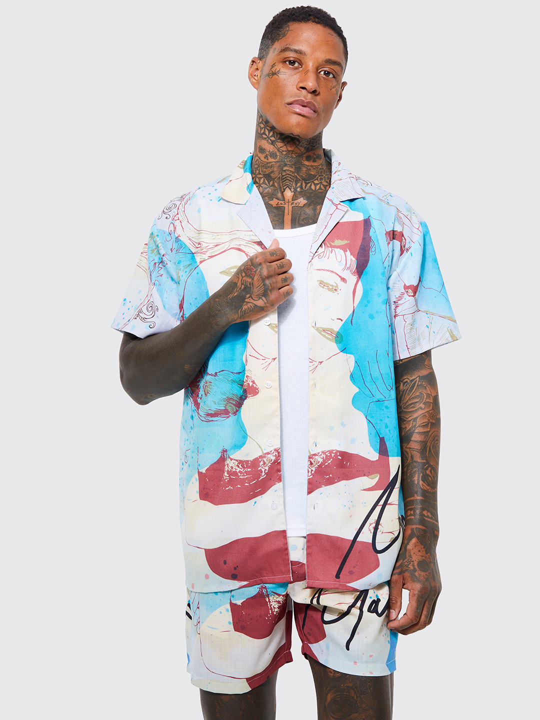 boohooMAN Oversized Abstract Printed Shirt And Shorts Set