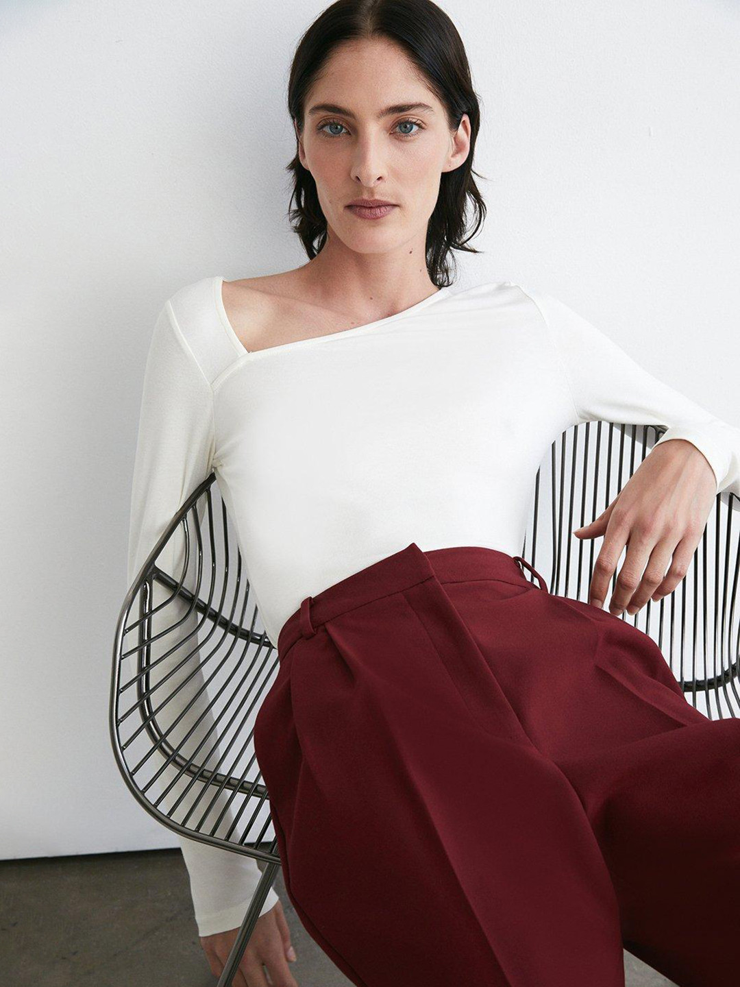 WAREHOUSE Asymmetric Neck Long Sleeve T-shirt