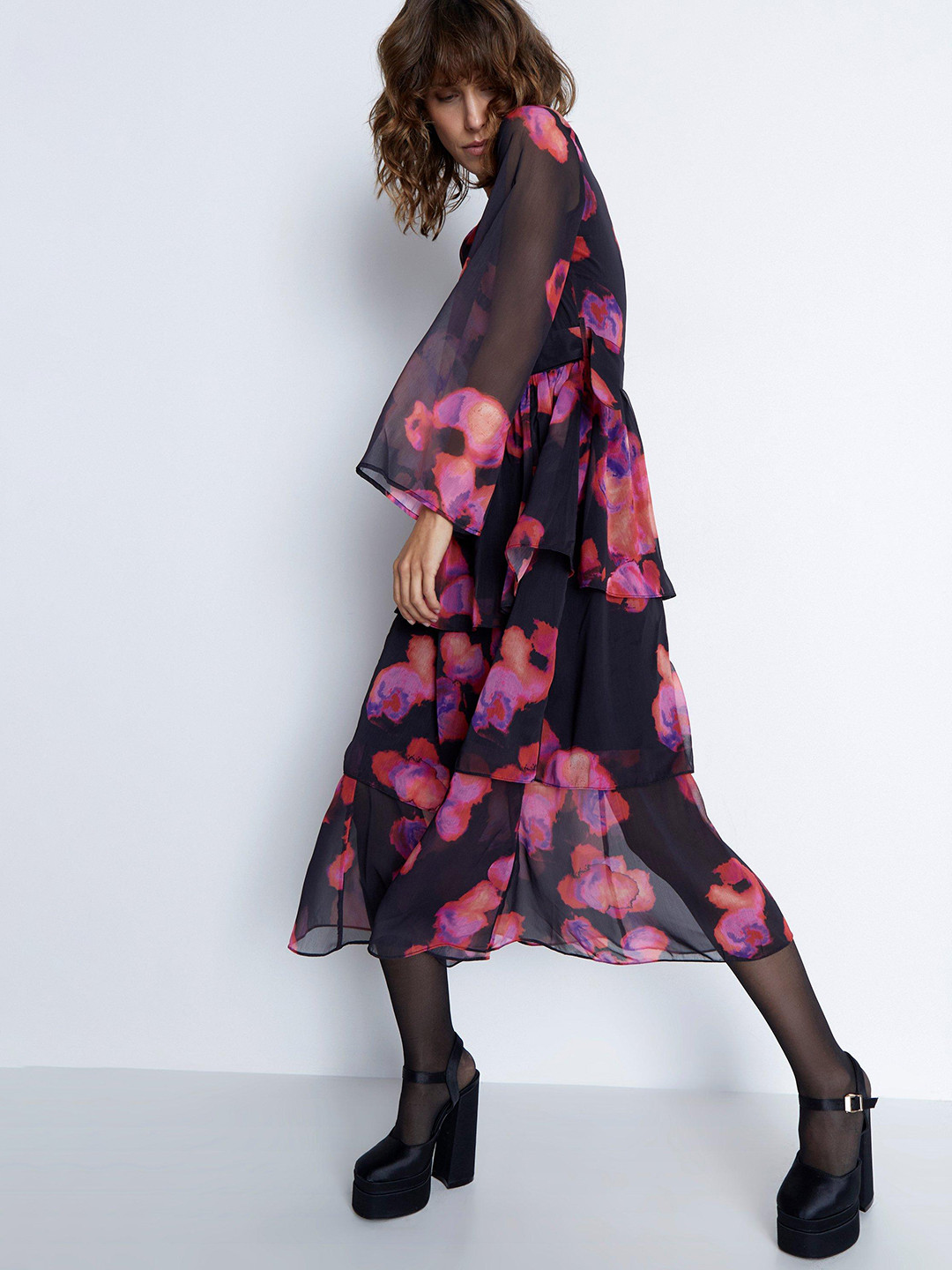 WAREHOUSE Black & Pink Floral Print Flared Sleeve A-Line Midi Dress