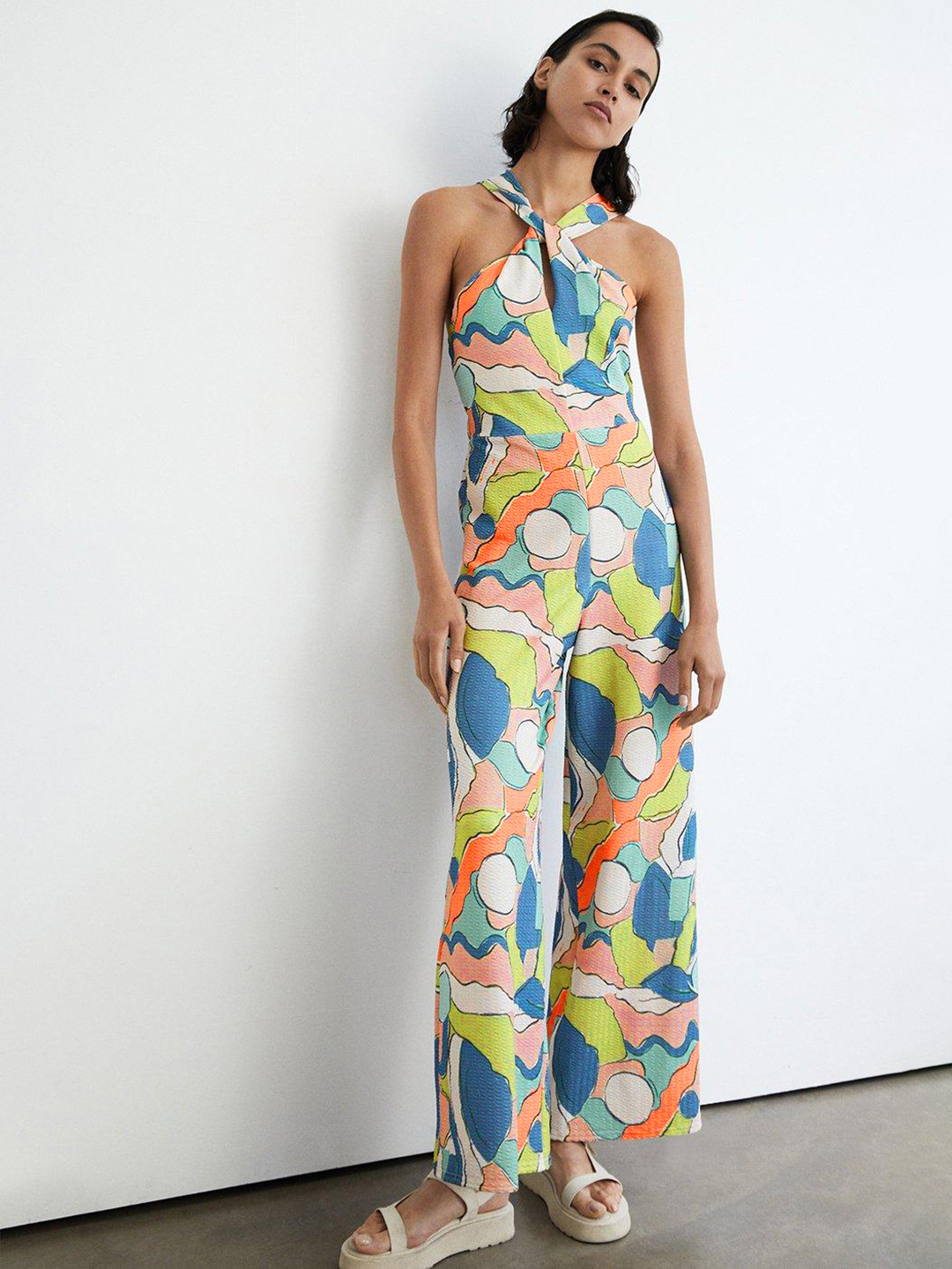 WAREHOUSE Halter Neck Printed Basic Jumpsuit