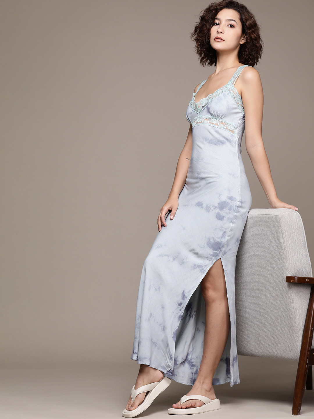 WAREHOUSE Lace Trim Dyed Maxi Slip Dress with Side Slit