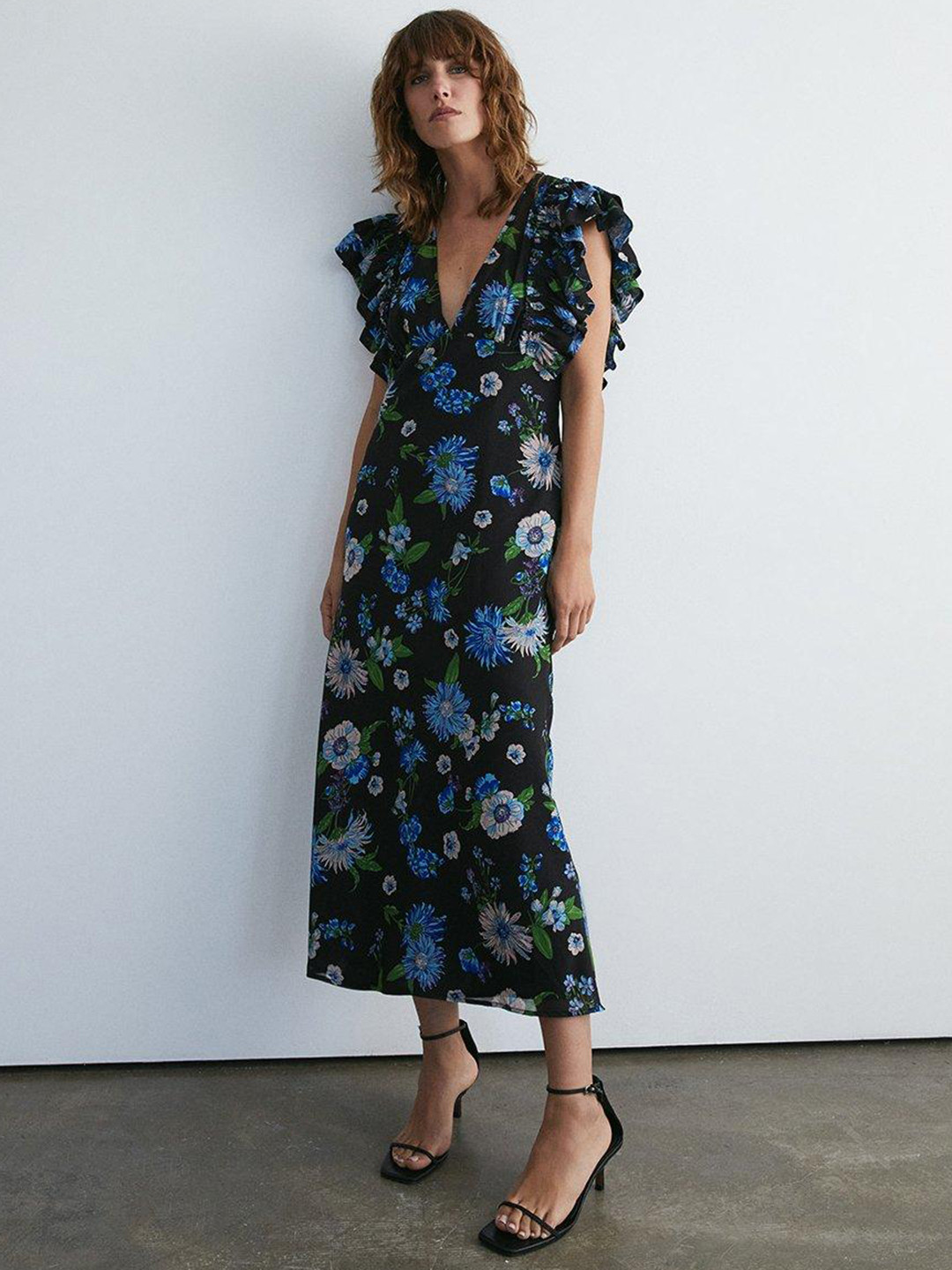 WAREHOUSE Floral Print Ruffled A-Line Maxi Dress