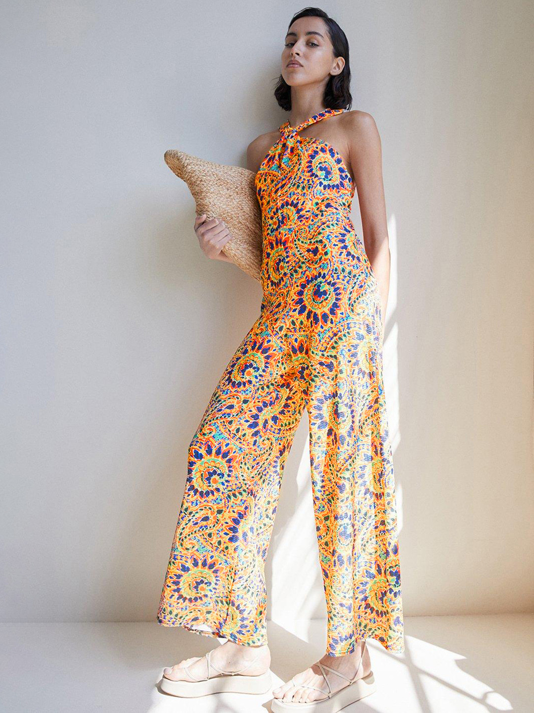 WAREHOUSE Abstract Print Halter Neck Basic Jumpsuit