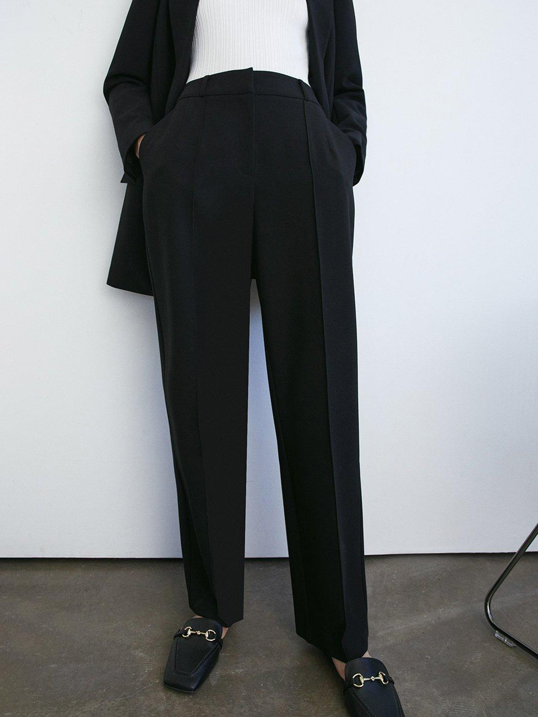 WAREHOUSE Women Double Crepe Pintuck Straight Fit High-Rise Formal Trousers