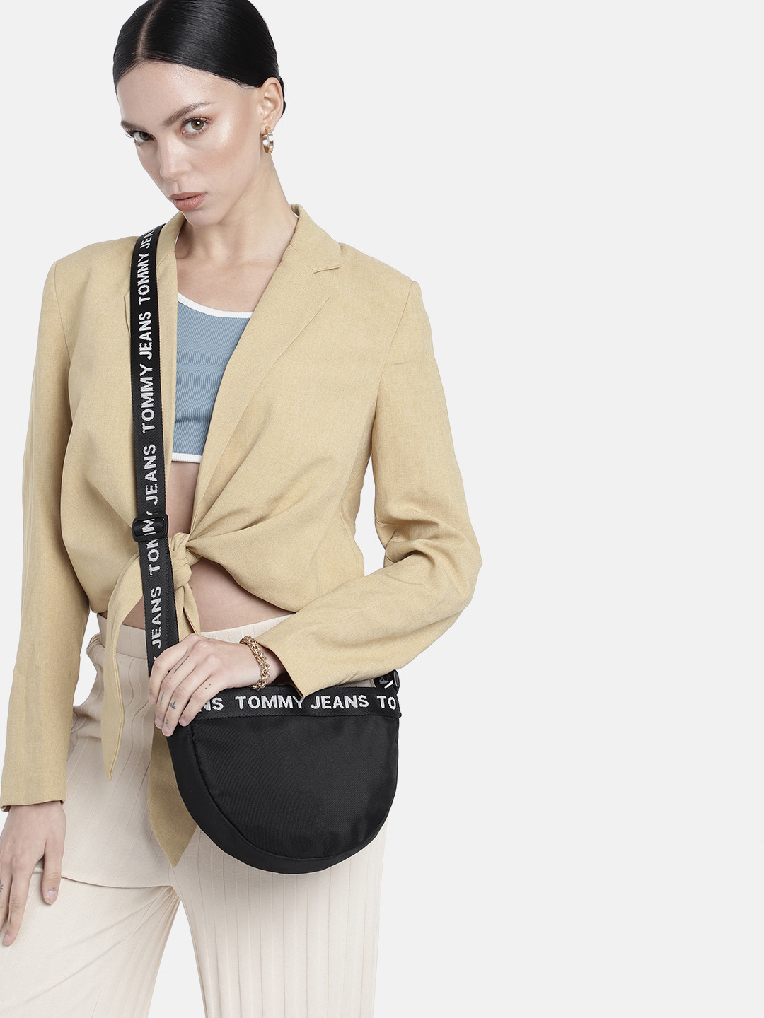 Tommy Hilfiger Solid Half Moon Sling Bag With Brand Logo Taping Detail