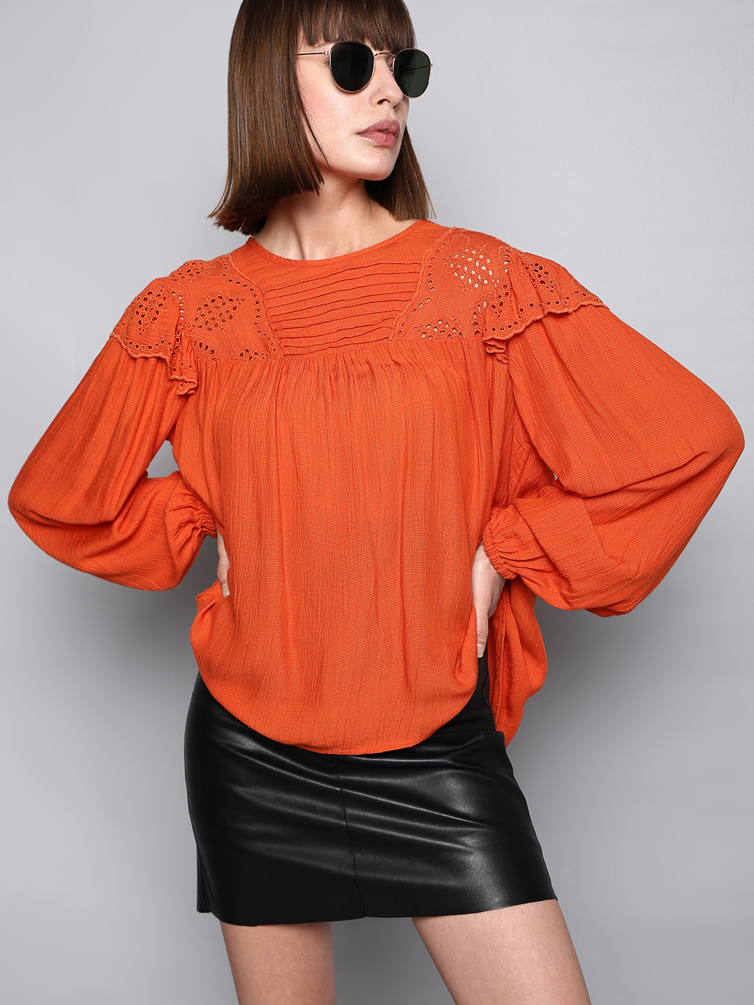 Vero Moda Self Design Puffed Sleeves Ruffled Top