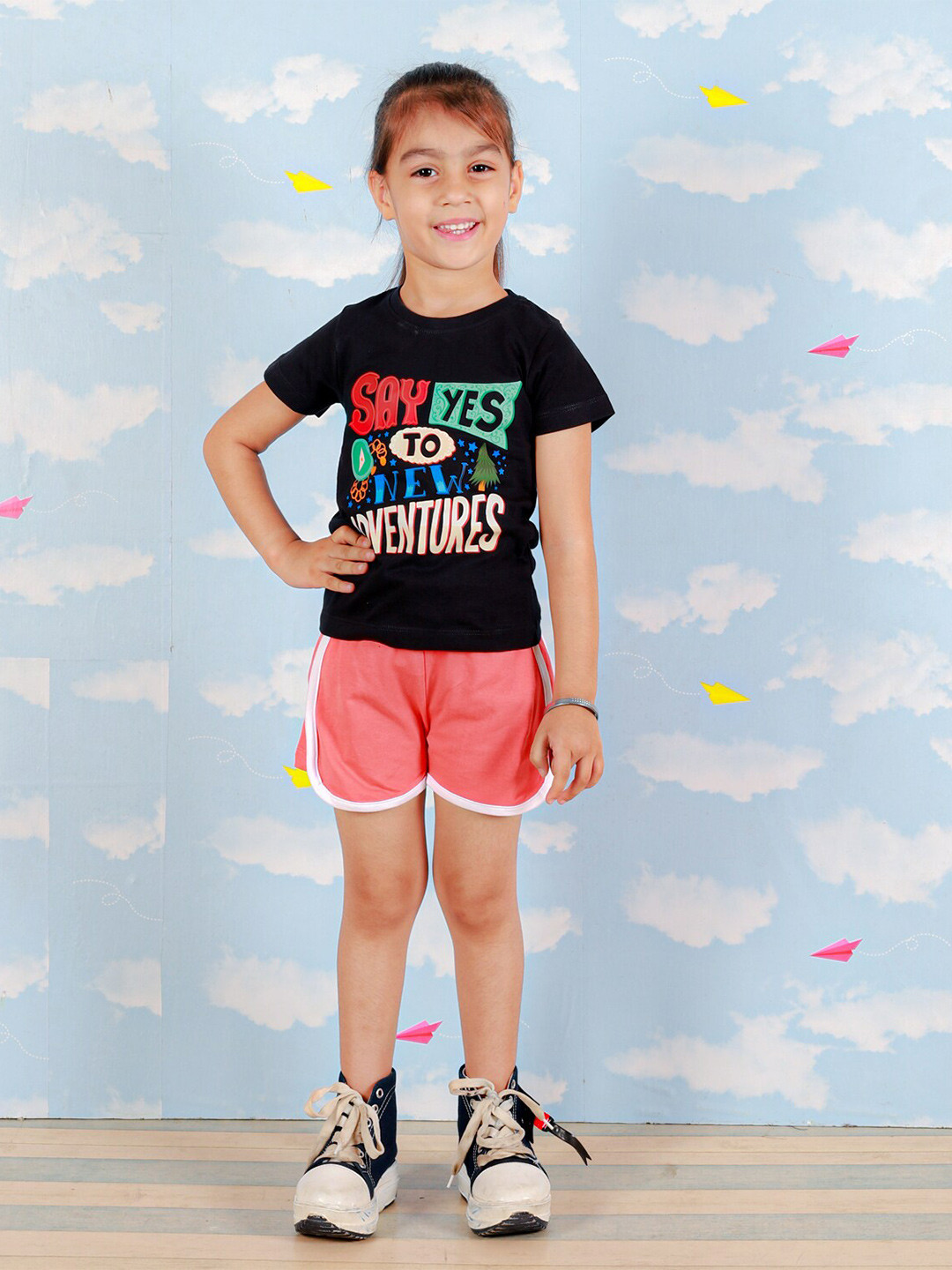 The Mom Store Girls Black Printed T-shirt with Shorts Clothing Set