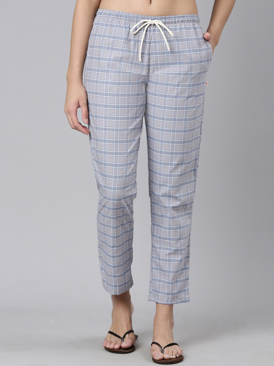 Enamor Women Checked Mid-Rise Straight Leg Cotton Lounge Pants