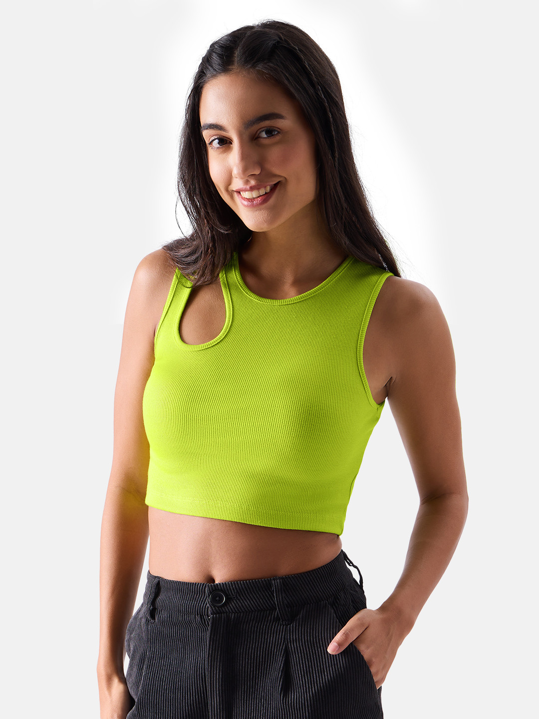 The Souled Store Lime Green Cut Outs Cotton Fitted Crop Top