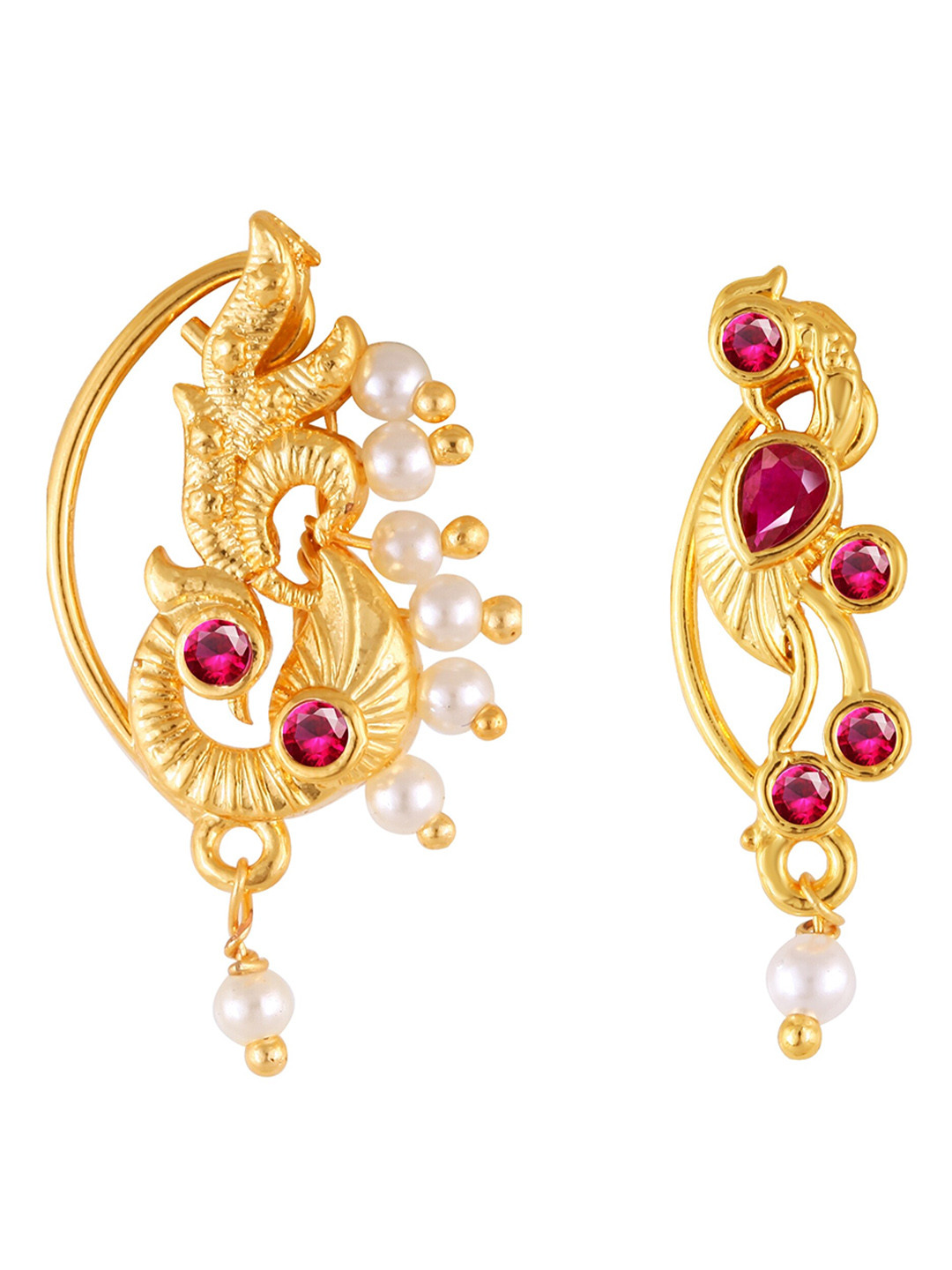 Vighnaharta Set Of 2 Gold-Plated Stone-Studded & Pearl-Beaded Nath Nathiya Nosepin