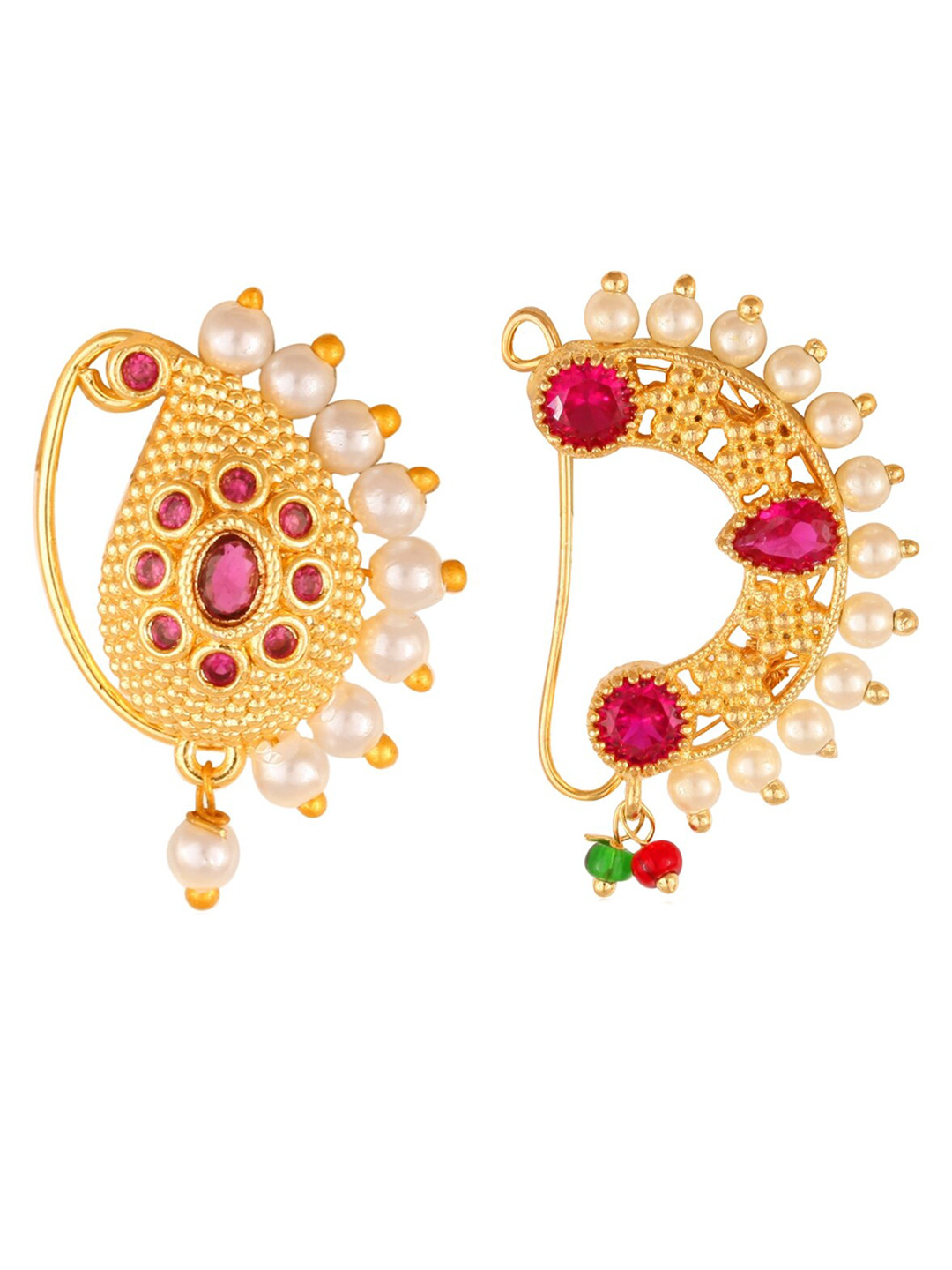 Vighnaharta Set Of 2 Gold-Plated Stone Studded Pearl Beaded Insert Nosepin