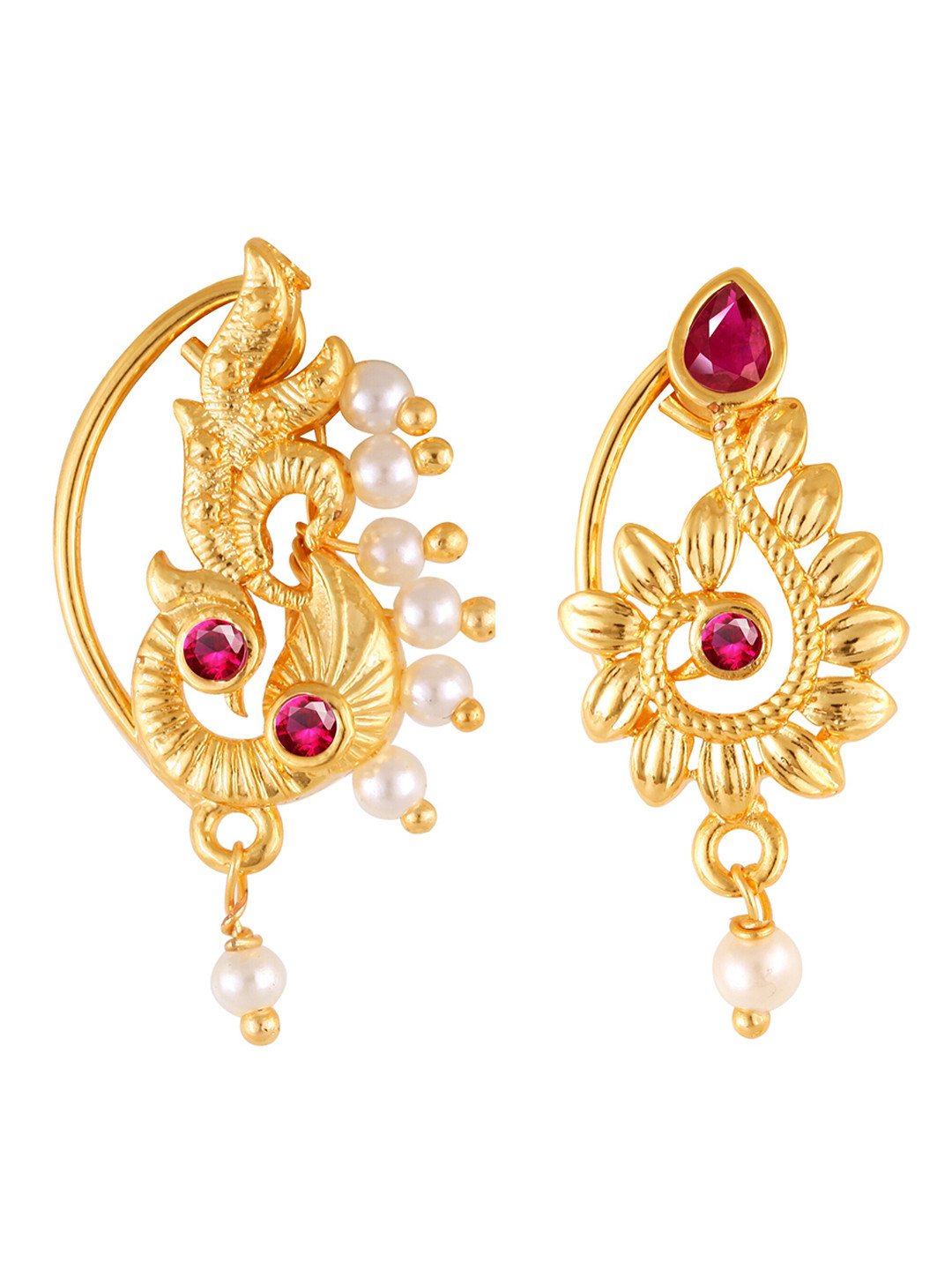 Vighnaharta Set Of 2 Gold-Plated Stone-Studded & Pearl Beaded Nath Nathiya Nosepin