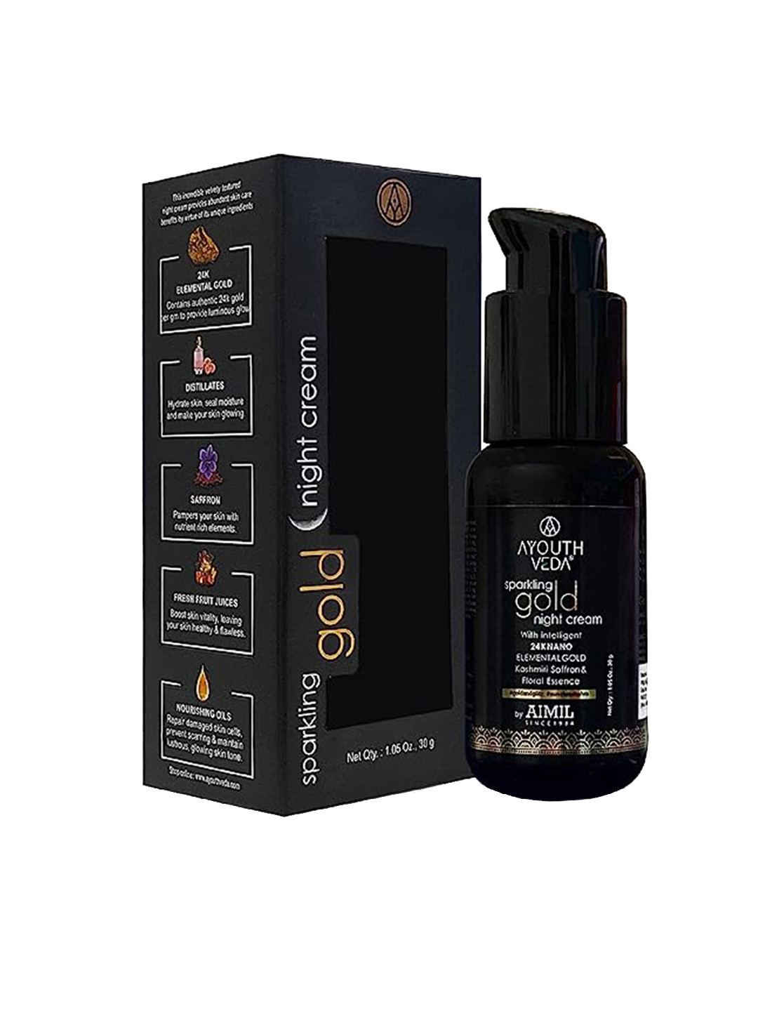 AYOUTHVEDA Sparkling Gold Nano Elemental Night Cream With 24K Gold & Kashmiri Saffron 30g