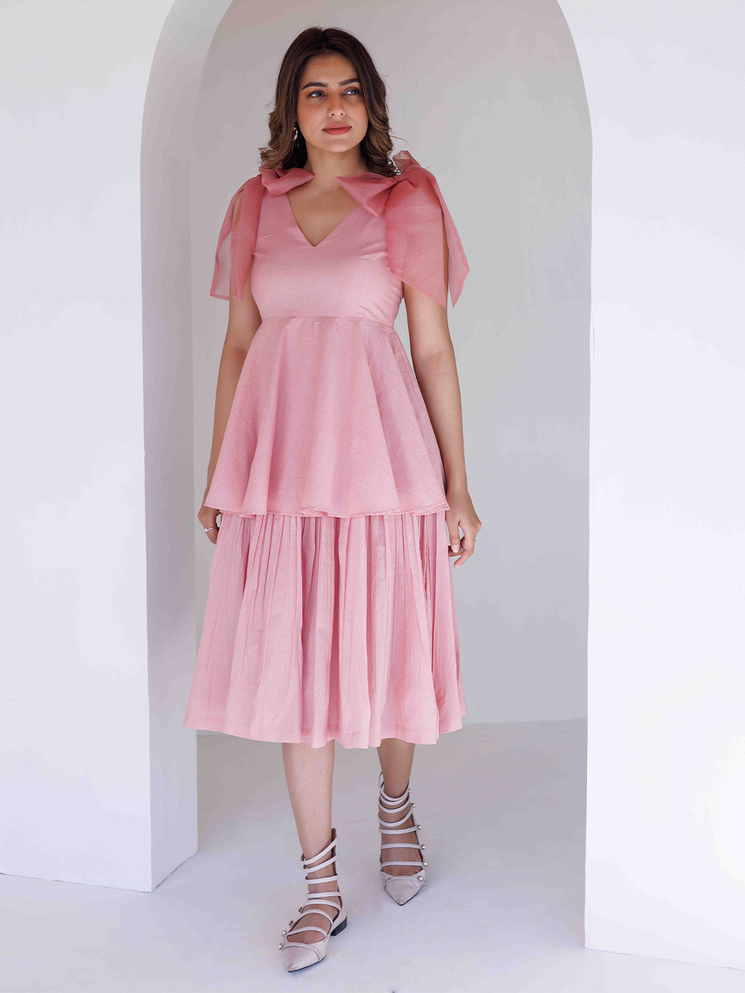 Ragavi V-Neck Layered A-Line Cotton Midi Dress