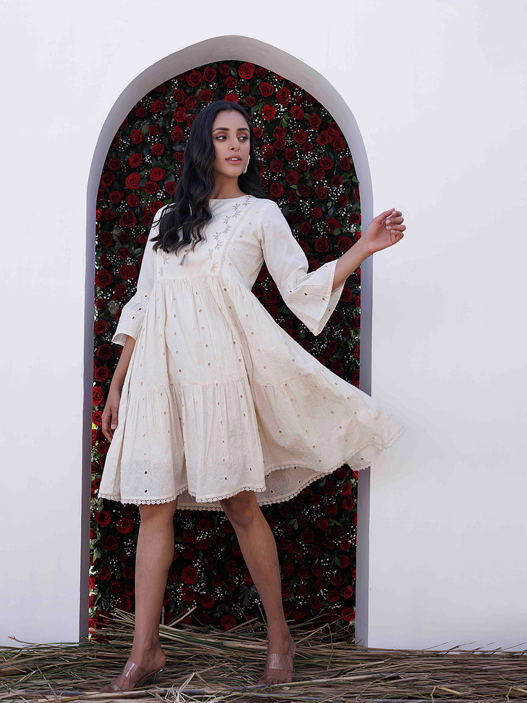 Ragavi Self Design Bell Sleeves Tiered Cotton Fit & Flare Dress