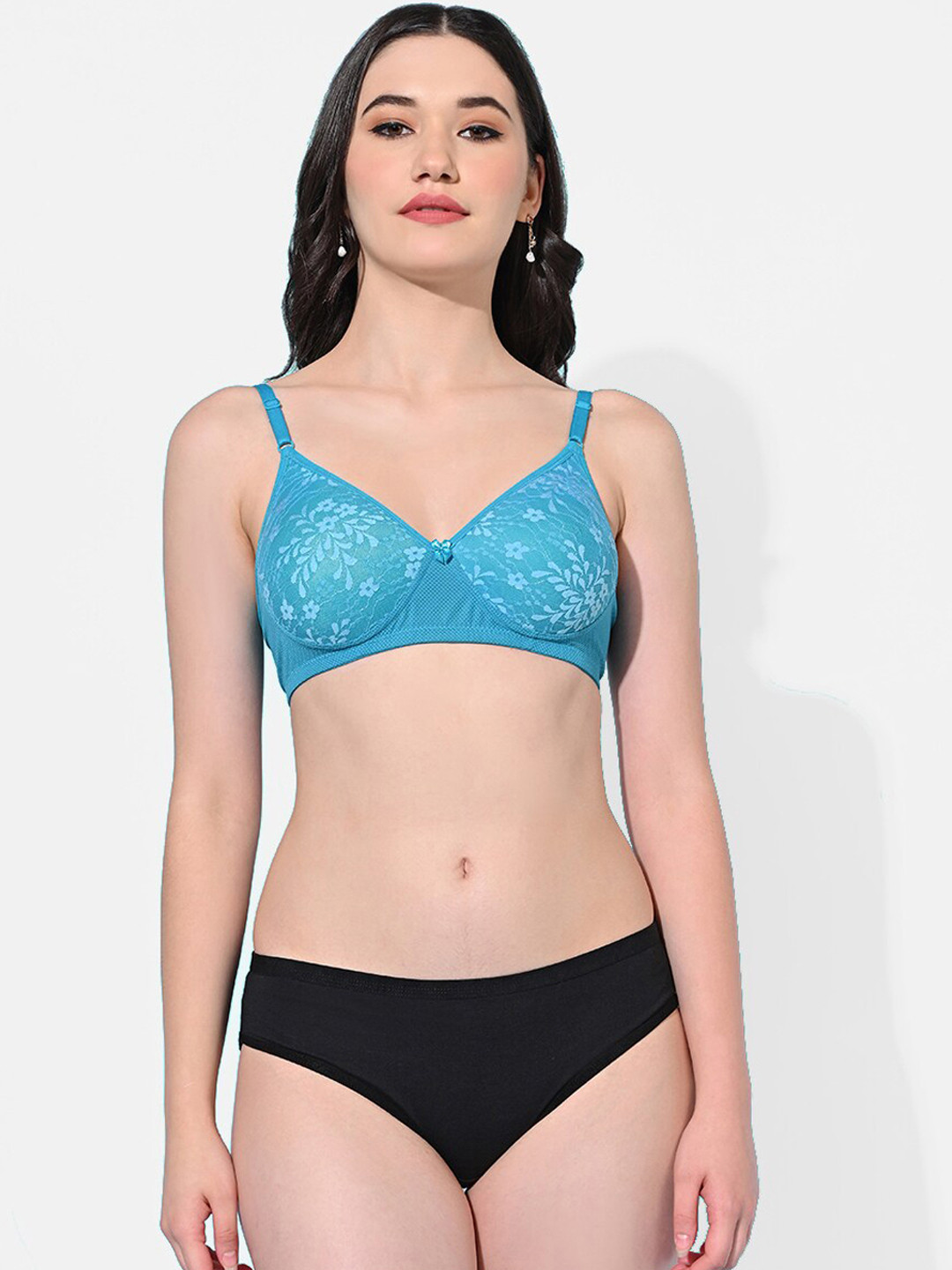 FIMS Floral Self-Design Padded Seamless Full Coverage Lingerie Set SLK-H_Set_Blue