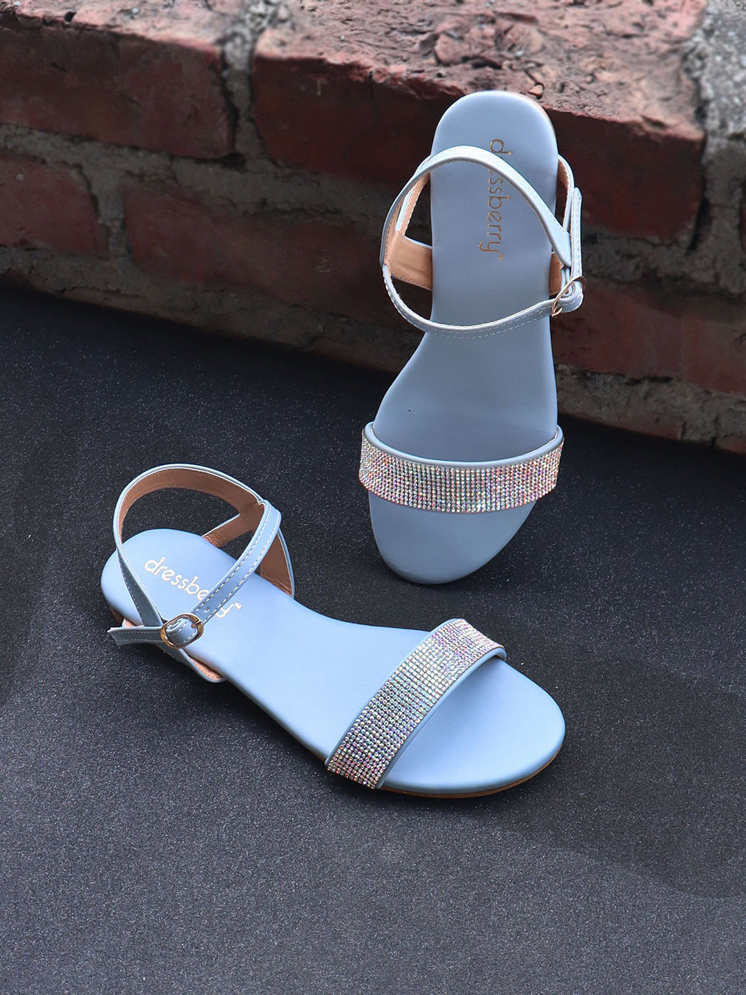 DressBerry Blue Embellished Open Toe Flats With Backstrap