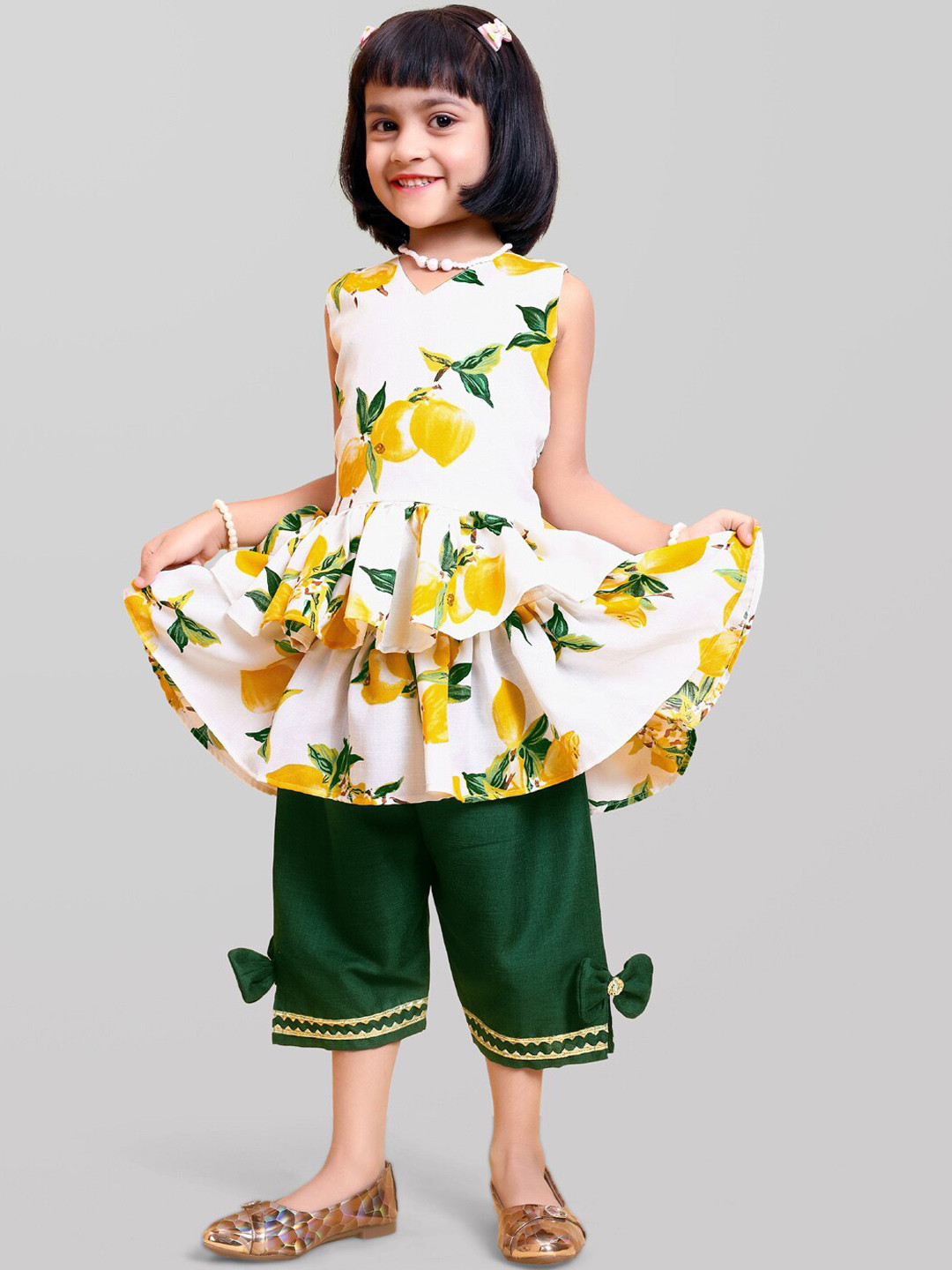 BAESD Girls Printed Cotton Layered A-Line Kurta with Trousers