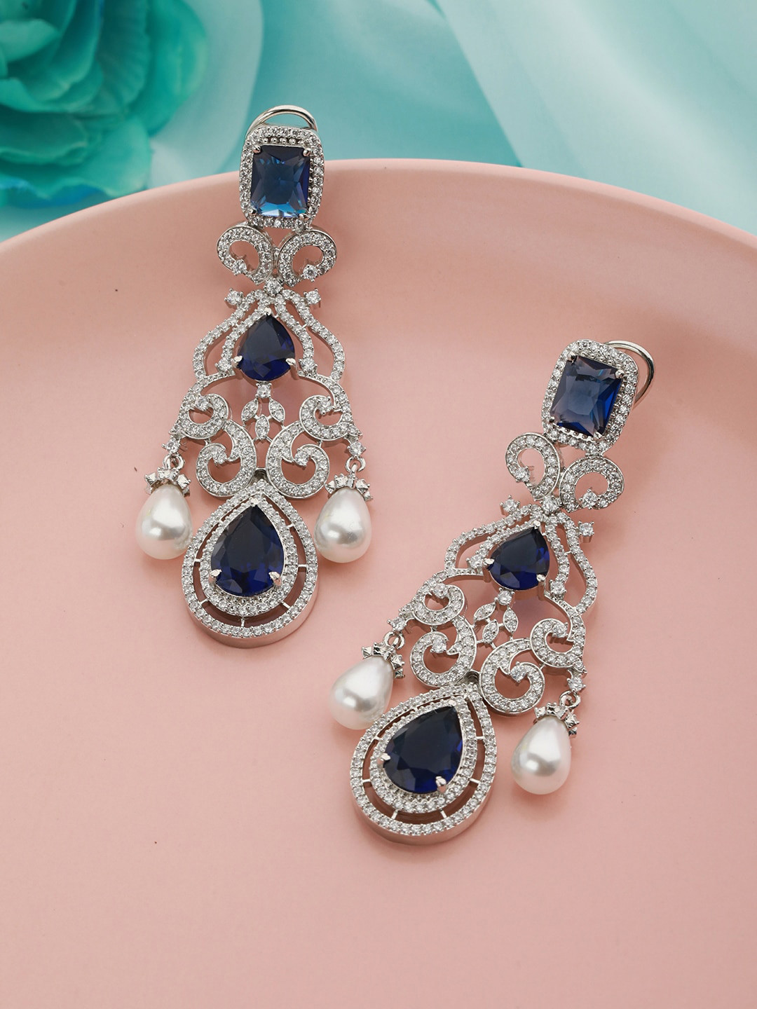 Saraf RS Jewellery Silver-Plated Cubic Zirconia Pearl Contemporary Drop Earrings