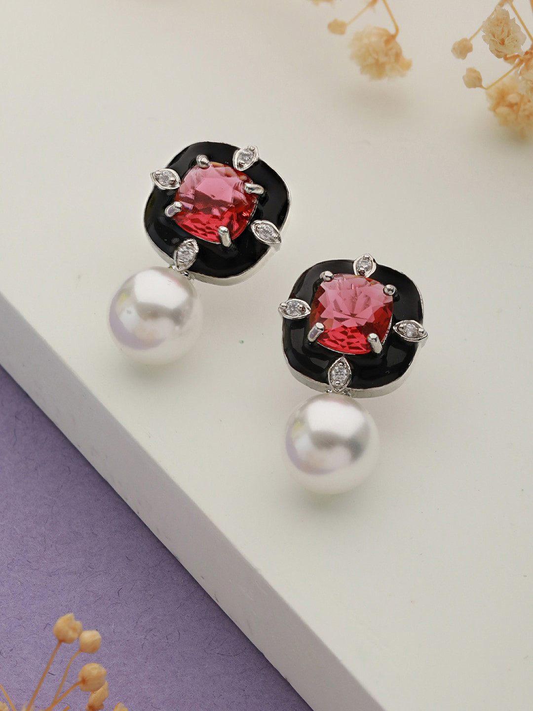 Saraf RS Jewellery Silver-Plated American Diamond & Pearl Studded Drop Earrings