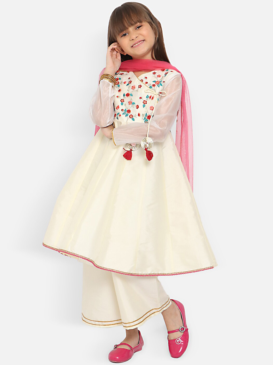 Nauti Nati Girls Floral Embroidered Angrakha Thread Work Kurta With Trousers & Dupatta