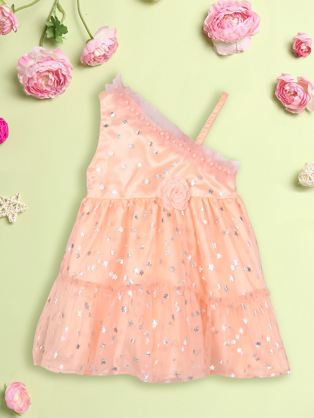 Nauti Nati Girls Embellished One Shoulder Net A-Line Tiered Dress