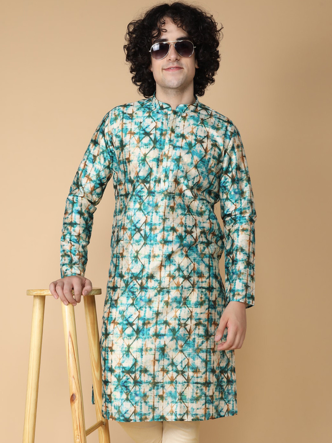 NAMASKAR Abstract Printed Mandarin Collar Pure Silk Kurta