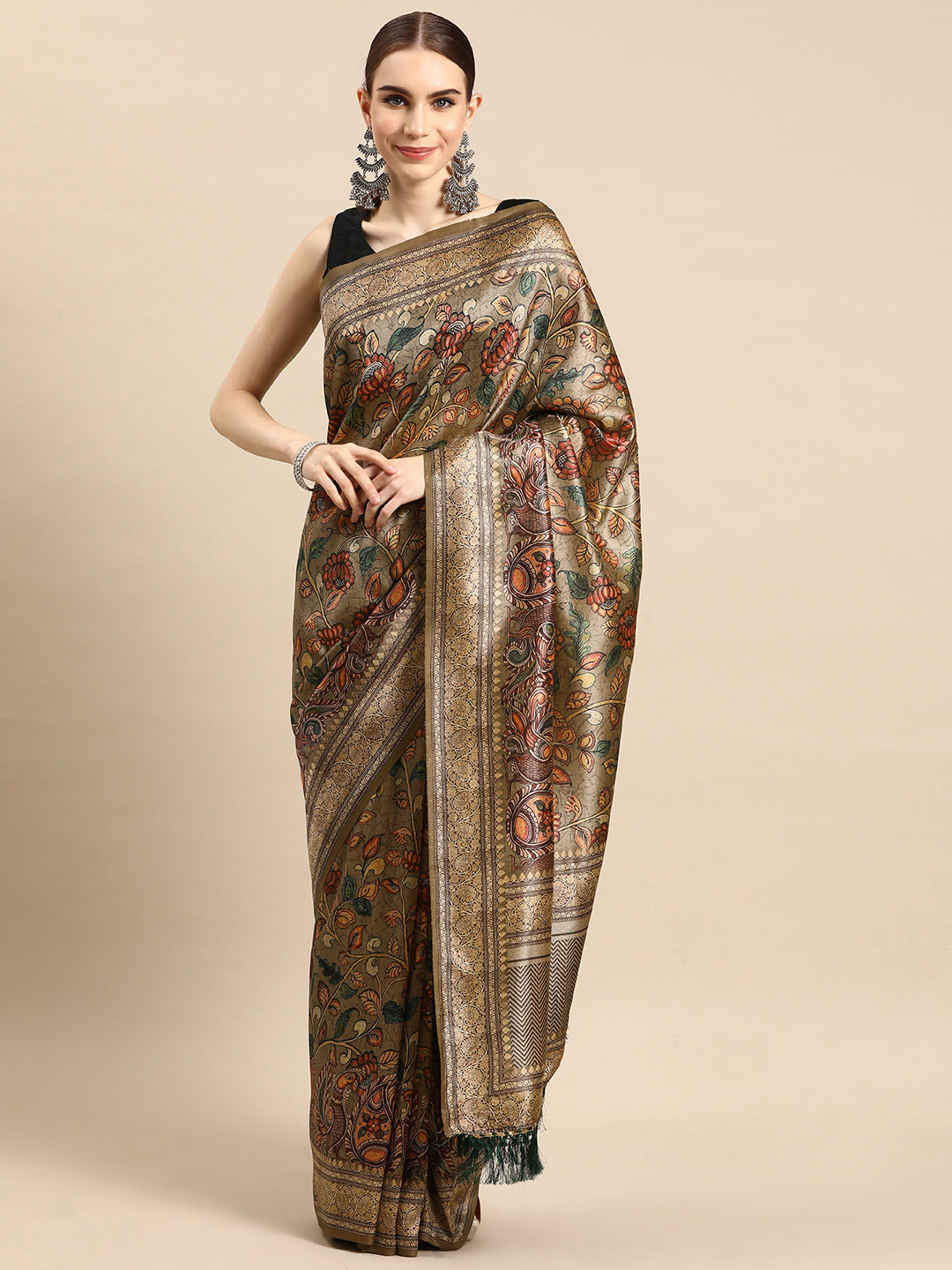 Tasarika Grey Kalamkari Printed Silk Saree