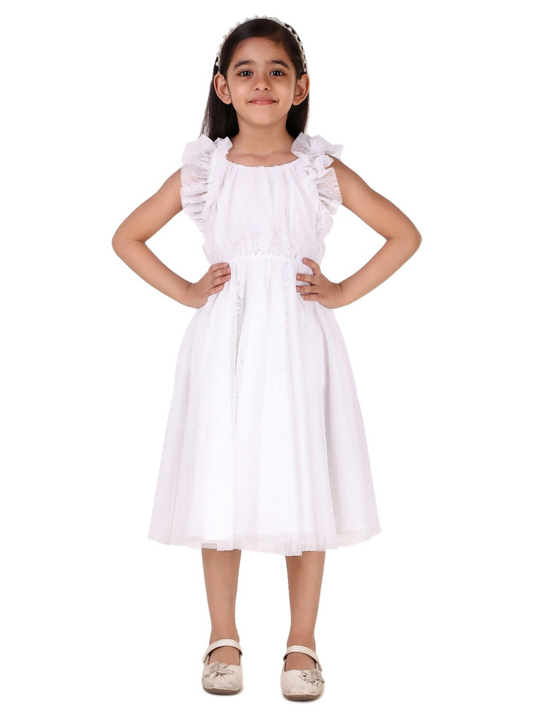 Miyo Girls Flutter Sleeve Ruffled Tulle Fit & Flare Midi Dress