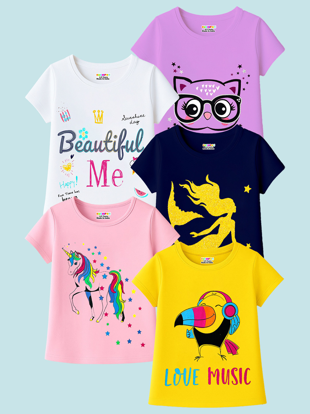 KUCHIPOO Girls Pack 5 Printed Cotton Regular T-shirt