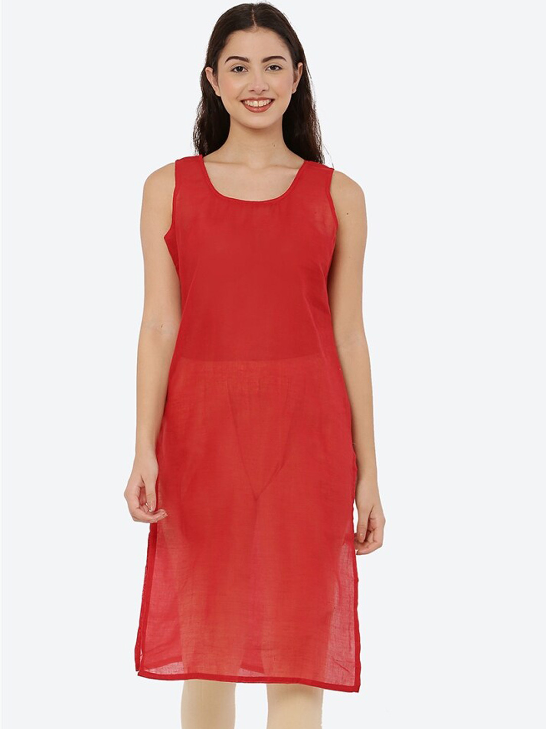 FAWOMENT Women Round Neck Sleeveless Semi Sheer Side Slit Long line Cotton Camisole
